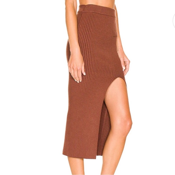 NWT Camila Coelho x Revolve Ellis Brown Ribbed Front Slit Midi Skirt - S - Picture 3 of 14